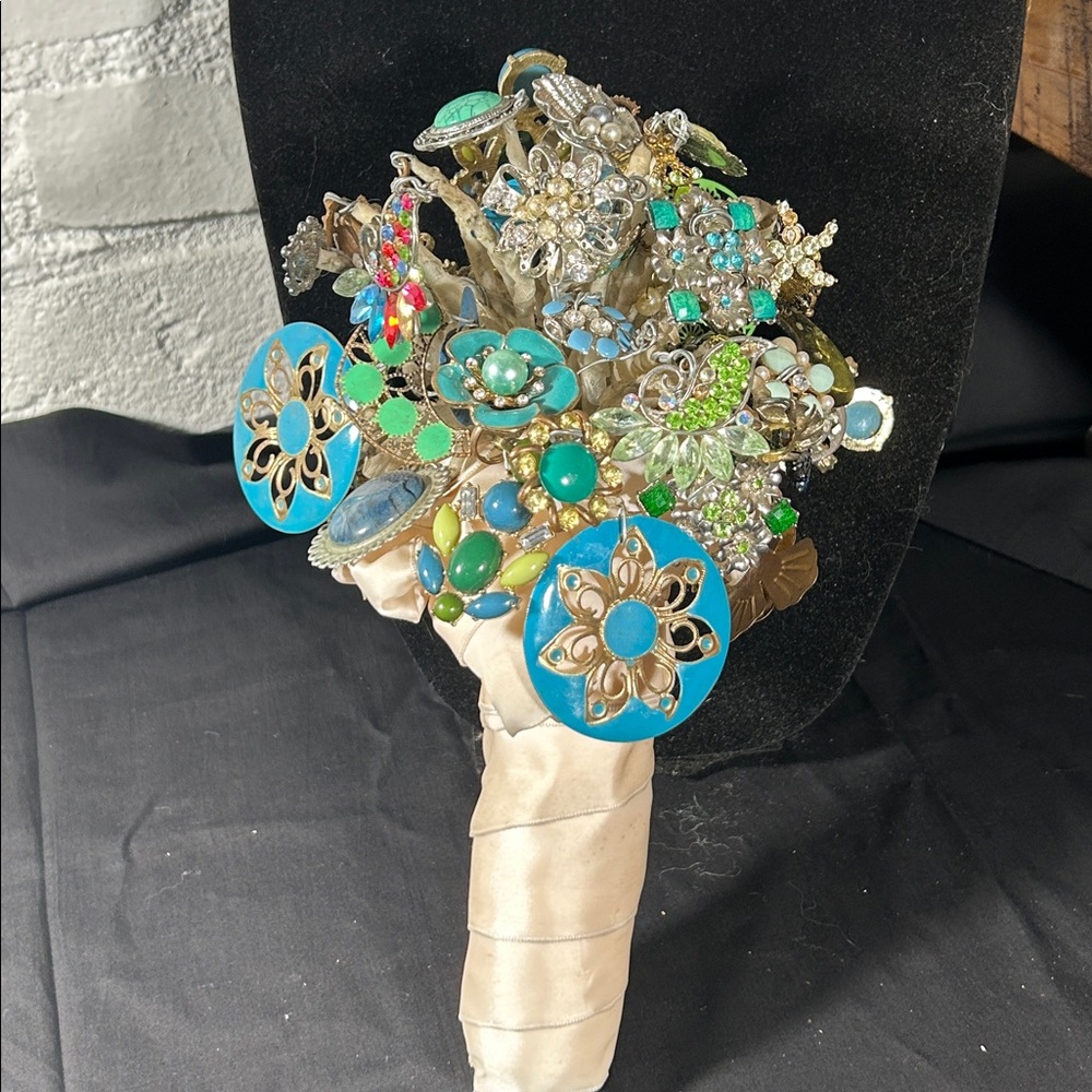 Vintage Handmade Brooch Bouquet with Turquoise Accents